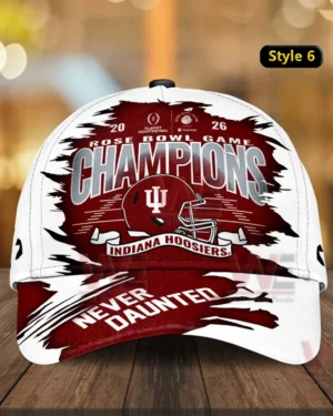 White and crimson Indiana Hoosiers Rose Bowl Game Champions 2026 cap with large Champions text helmet graphic and Never Daunted text across the brim!
