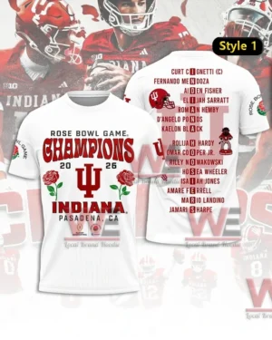 Front and back of a white Indiana Hoosiers Rose Bowl Game Champions 2026 shirt with IU logo rose graphics Pasadena CA text and a back list of player names!