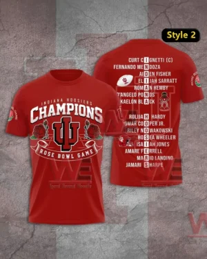 Front and back of a red Indiana Hoosiers shirt with Champions IU logo and Rose Bowl Game design plus a back list of player names and a Rose Bowl sleeve patch!