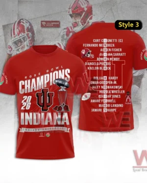 Front and back of a red Indiana Hoosiers Rose Bowl Champions 2026 shirt with trophy graphic IU logo and a back roster list of player names!