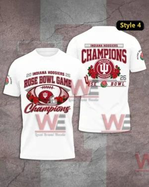 Front and back of a white Indiana Hoosiers Rose Bowl Game Champions shirt with a helmet and rose graphic on the front and a large Champions IU emblem design on the back!