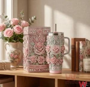 A rose decorated tumbler and matching luxury box resting on a wooden shelf with flowers books and warm interior decor!