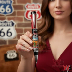 A person holding a Route 66 commemorative pen with vintage road art design!
