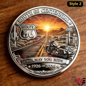ROUTE 66 100TH ANNIVERSARY COMMEMORATIVE COIN 4 A Route 66 centennial commemorative coin with a sunset highway scene motorcycle roadside and classic gas station details!