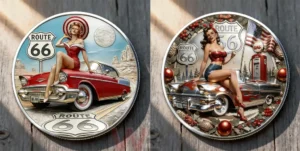 Route 66 commemorative coin with pin up woman and classic red car in a vintage road scene!