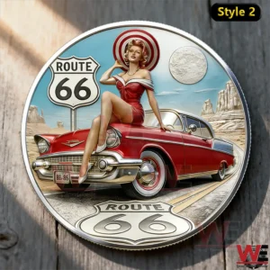 Route 66 commemorative coin with pin up woman classic car and desert highway background!