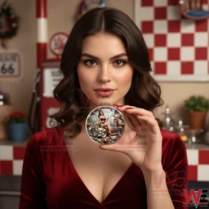 Woman holding a Route 66 commemorative coin with pin up design in a retro interior!