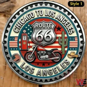Route 66 commemorative coin with motorcycle and American road trip symbols displayed on a wooden background!