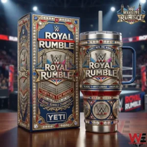 Royal Rumble insulated mug with decorative box on wrestling arena floor!