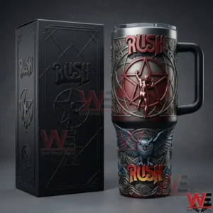 Rush themed insulated tumbler with starman and owl artwork displayed next to a black presentation box!