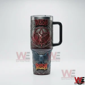 Rush insulated tumbler with starman emblem and owl illustration shown on a white background!