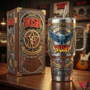 Rush Fly By Night Yeti tumbler with owl artwork and Temple of Syrinx design displayed beside a decorative collector box in a music themed room!