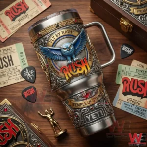 Rush Band Temple of Syrinx Yeti 40oz Tumbler 4 Rush Fly By Night Yeti tumbler with owl emblem and Temple of Syrinx artwork lying among concert tickets guitar picks and rock memorabilia!