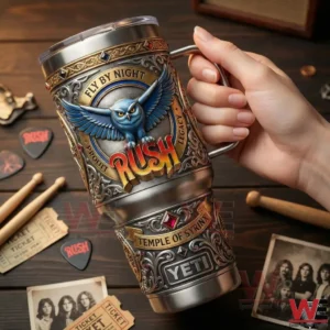 Rush Band Temple of Syrinx Yeti 40oz Tumbler 5 Hand holding a Rush Fly By Night Yeti tumbler with owl emblem Temple of Syrinx details and ornate progressive rock inspired design!