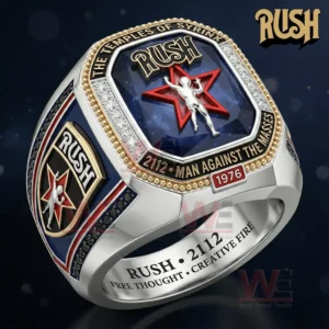 Silver Rush championship ring with a deep blue gemstone face showing the Rush name a red star and a white figure plus surrounding text The Temples Of Syrinx 2112 Man Against The Masses and 1976.