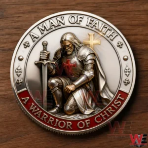 Close up of a round commemorative coin depicting a kneeling armored knight holding a sword with a glowing cross in the background and text reading A Man Of Faith and A Warrior Of Christ on the border!