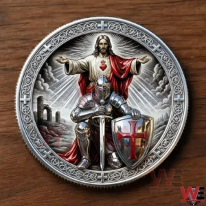 A round silver coin featuring Jesus with open arms behind a kneeling armored knight holding a sword and shield with a red cross and ornate cross patterns around the rim!