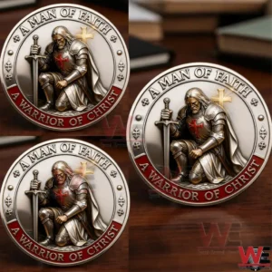 Three commemorative coins placed on a wooden surface showing a kneeling armored knight with a sword and the text A Man Of Faith and A Warrior Of Christ around each coin!