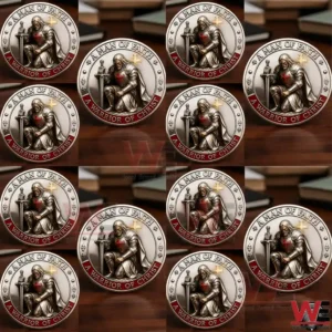 Repeated pattern of many identical commemorative coins arranged in a grid each showing a kneeling armored knight holding a sword with the words A Man Of Faith and A Warrior Of Christ!