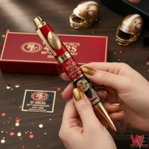 San Francisco 49ers 80th Anniversary 1946-2026 Faithful to the Bay Pen 3 Hands holding a red and gold San Francisco 49ers anniversary collector pen with a red gift box edition card and team themed decor on a wooden table!