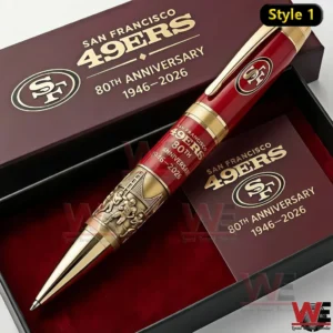 San Francisco 49ers 80th Anniversary 2 Style Pen 6 San Francisco 49ers commemorative pen in an open red gift box with 80th Anniversary 1946 2026 text team logo and a matching card beside the pen Style 1!