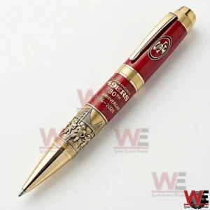San Francisco 49ers 80th Anniversary 2 Style Pen 7 San Francisco 49ers commemorative pen on a white background featuring red body gold accents 49ers logo 80th Anniversary 1946 2026 text and engraved gold detailing near the tip!
