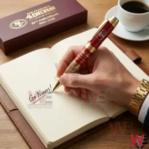 San Francisco 49ers 80th Anniversary 2 Style Pen 8 Hand writing Go Niners with a San Francisco 49ers red and gold commemorative pen with 80th Anniversary 1946 2026 text beside a matching gift box and a cup of coffee on a desk!