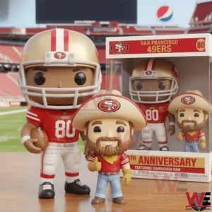 Football player figure and friendly mascot figure posed on a field with a large stadium behind them!