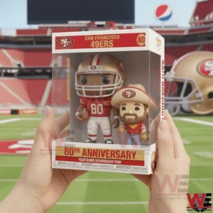 Hands holding a boxed football player and mascot figure set with a stadium field in the background!