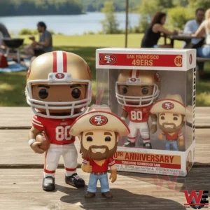 Football themed figures standing on a wooden table with a park lake and people enjoying the outdoors behind!
