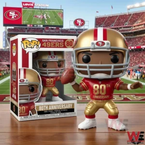 Vinyl football figure in San Francisco 49ers colors with 80th anniversary jersey holding a football beside the product box in a stadium scene!