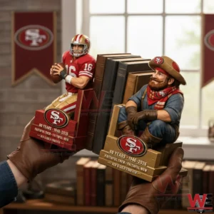 San Francisco 49ers 80th Anniversary Bookends 3 Hands holding San Francisco Forty Niners anniversary bookends featuring a quarterback and a cowboy fan separated by stacked books.