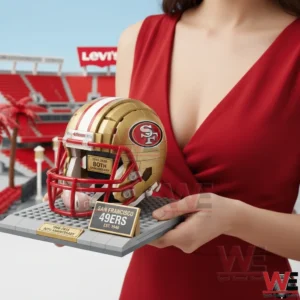 Woman holding San Francisco Forty Niners football helmet display!