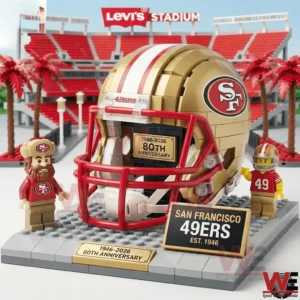 San Francisco Forty Niners football helmet display in stadium setting!