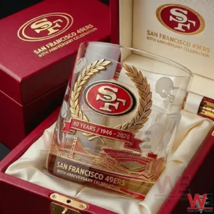 San Francisco 49ers eightieth anniversary whiskey glass resting inside a velvet lined gift box with stadium inspired engravings!