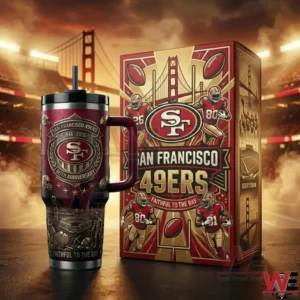 Football themed handled tumbler with city emblem next to a matching collector box in a stadium scene!