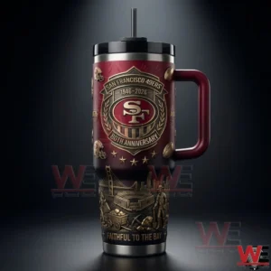 Close view of a football themed handled tumbler with historic team emblem and city design!