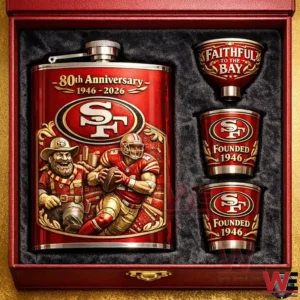 San Francisco Forty Niners anniversary flask gift set with red finish detailed artwork and matching cups displayed inside a premium presentation box!
