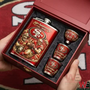 San Francisco 49ers 80th Anniversary Flask 3 Hands holding a San Francisco Forty Niners anniversary flask set with red artwork matching cups and detailed team graphics inside a gift box!