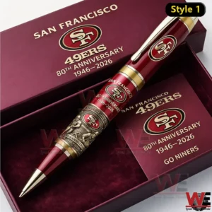 San Francisco 49ers anniversary pen in a burgundy gift box with gold 1946 2026 text SF logos and engraved gold detailing.