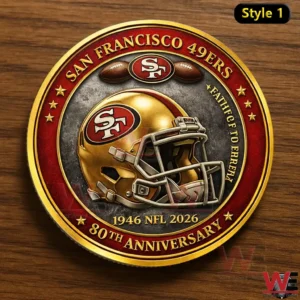 A San Francisco 49ers anniversary coin displaying a gold helmet team logo and decorative border presented on a wooden surface!