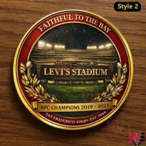 A San Francisco 49ers commemorative coin showing Levis Stadium stadium lighting laurel decorations and team legacy details on a wooden background!