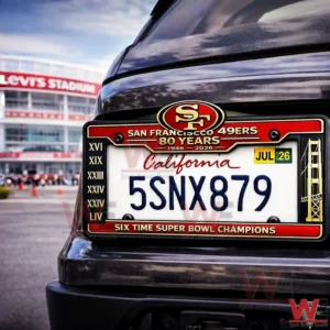 Rear view of a dark SUV with a San Francisco forty niners license plate frame showing California plate 5SNX879 and Six Time Super Bowl Champions text near Levi Stadium!