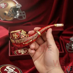 San Francisco 49ers 80th Anniversary Pipe 3 Hand holding a San Francisco 49ers themed anniversary pipe with glossy red finish and gold anniversary details!