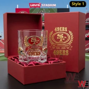 A luxury San Francisco Forty Niners anniversary whisky glass resting in a display box with classic team branding and an eighty year celebration theme!