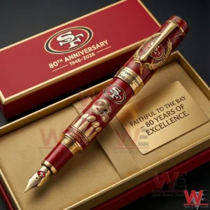 San Francisco Forty Niners anniversary collectible pen displayed in a red presentation box with gold detailing and team themed artwork!