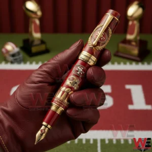 Hand holding a San Francisco Forty Niners anniversary collectible pen with red and gold design on a football field background!