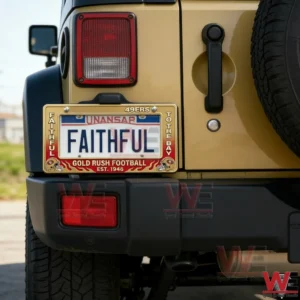 A San Francisco 49ers Gold Rush football license plate frame installed on a vehicle rear showcasing team branding and fan loyalty!