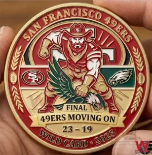 Red and gold football commemorative coin held in a hand featuring San Francisco 49ers design final score twenty three to nineteen and wild card twenty twenty five text!