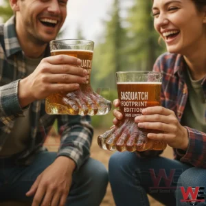 Two people holding sasquatch footprint shaped drinking glasses outdoors!